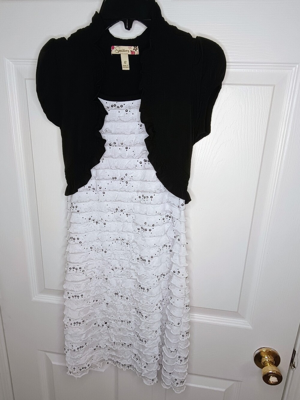 Girl Dress Black Shrug with White Sequin Ruffle Layers Size 12